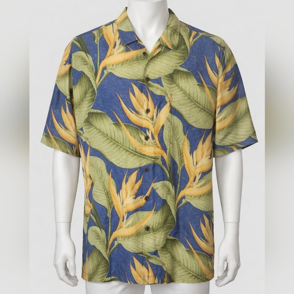 Tommy Bahama Other - Tommy Bahama 100% Silk Shirt Hawaiian Mens Large L Floral Green Blue Leaf Beach